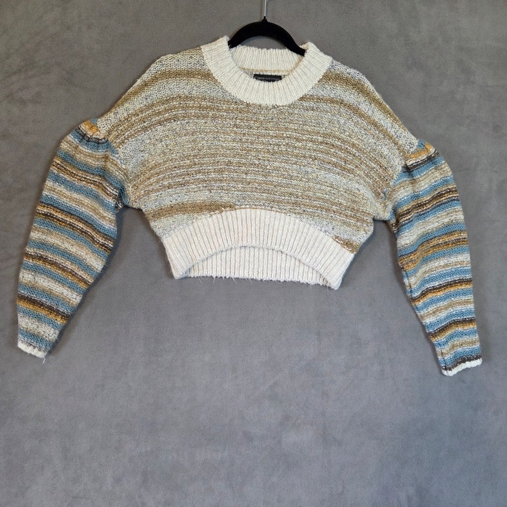 Urban Outfitters Striped Cropped Sweater Women Medium Puff Sleeve Boho Coastal